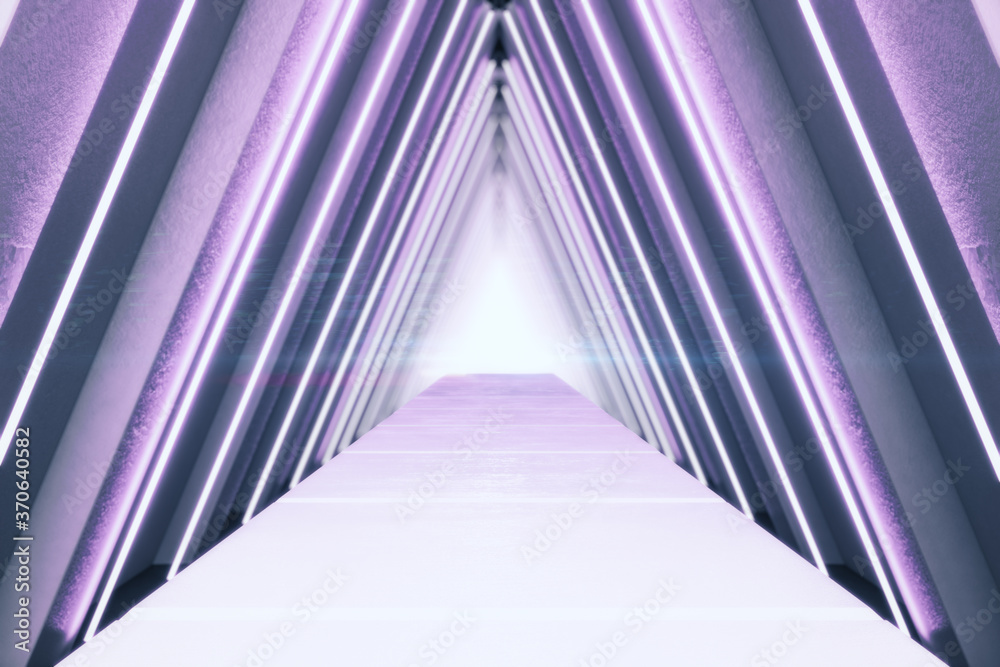 带有抽象发光三角形走廊的紫色内部。