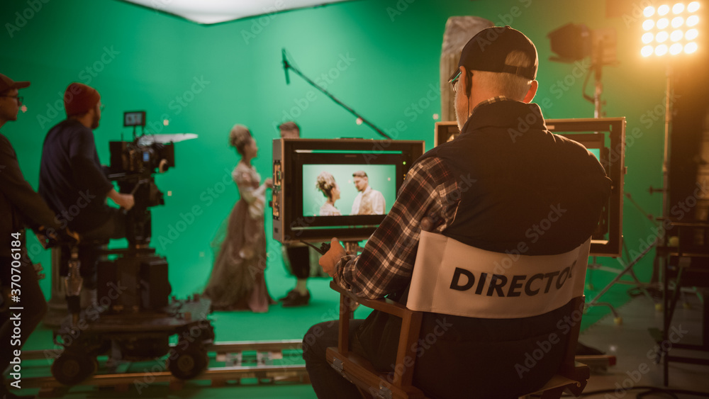 Director Shooting Period Film Green Screen CGI Scene with Actors Wearing Renaissance Costumes. Big F