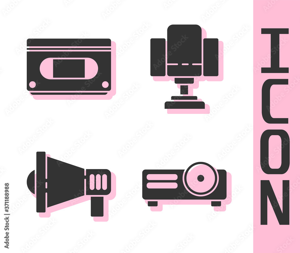 Set Movie, film, media projector, VHS video cassette tape, Megaphone and Director movie chair icon. 