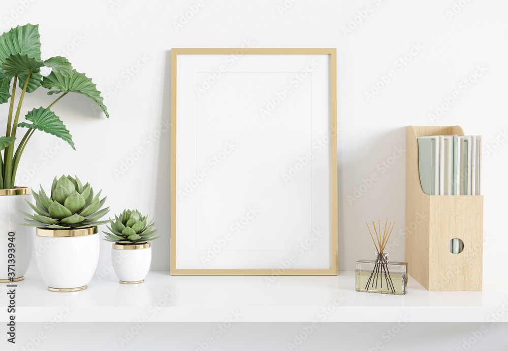 金色框架靠在白色架子上，室内有植物和书籍模型3D渲染