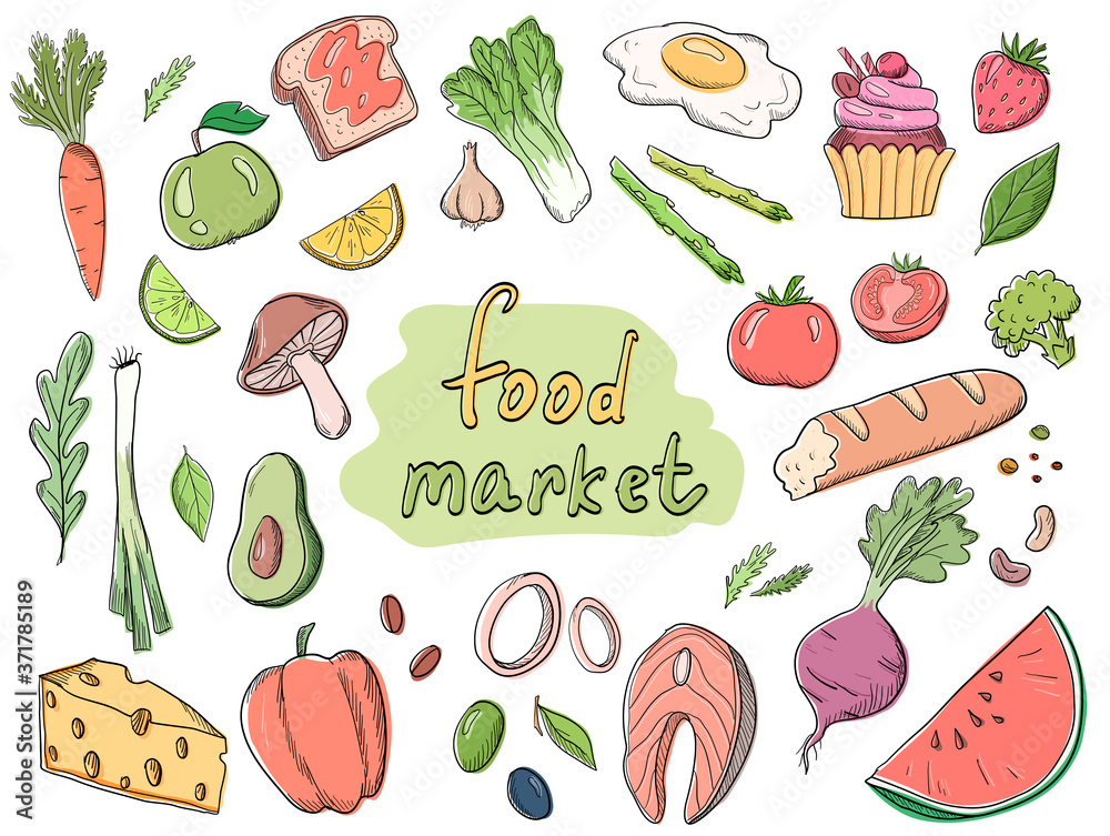 食品市场产品卡通彩色矢量插图