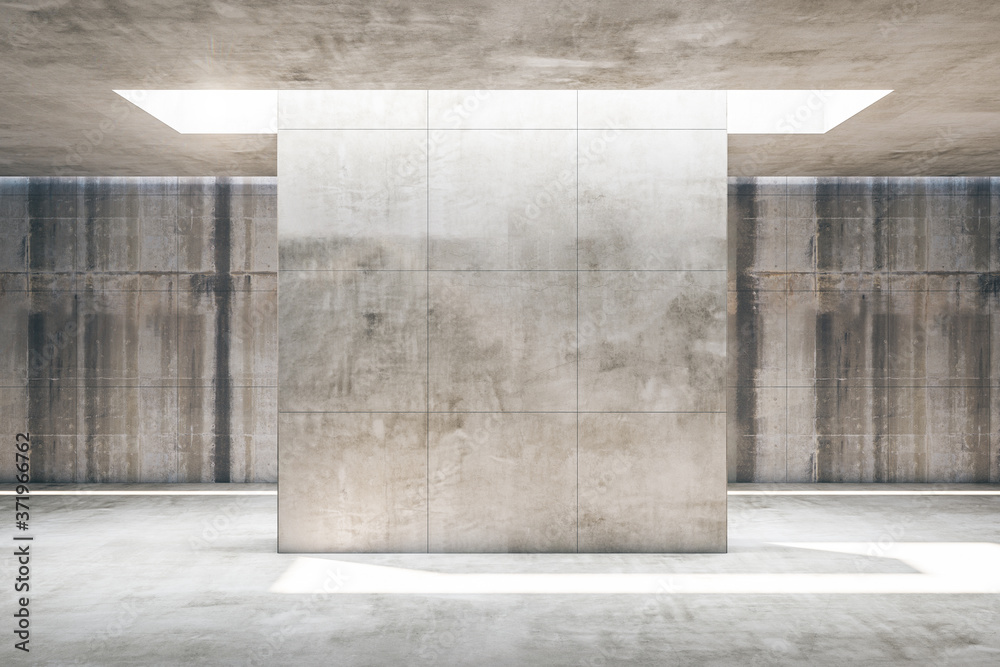 带有空混凝土墙的极简主义灰色画廊内部
