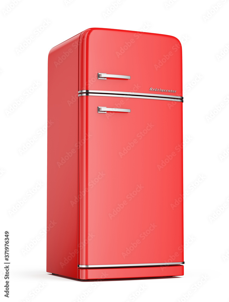 复古红色冰箱，白色隔离。冰箱。三维渲染