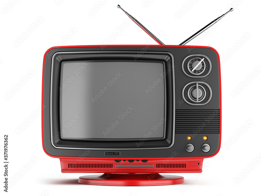 复古红色电视接收器隔离在白色背景上。老式复古电视-广播流视频概念。3