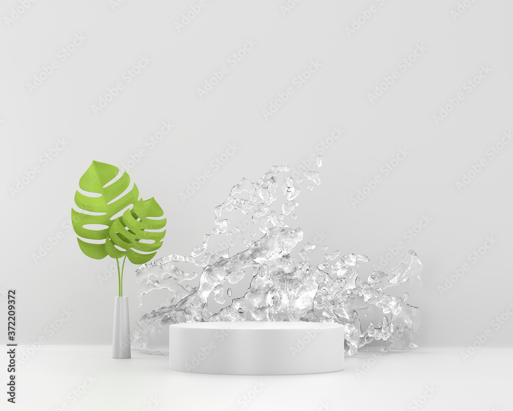 白色平台讲台，带泼水和绿色植物，广告产品模板，3d渲染