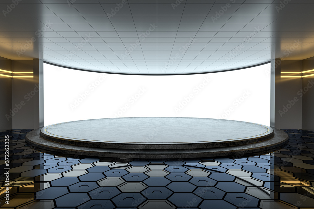 中心有圆形舞台的空房间，三维渲染。