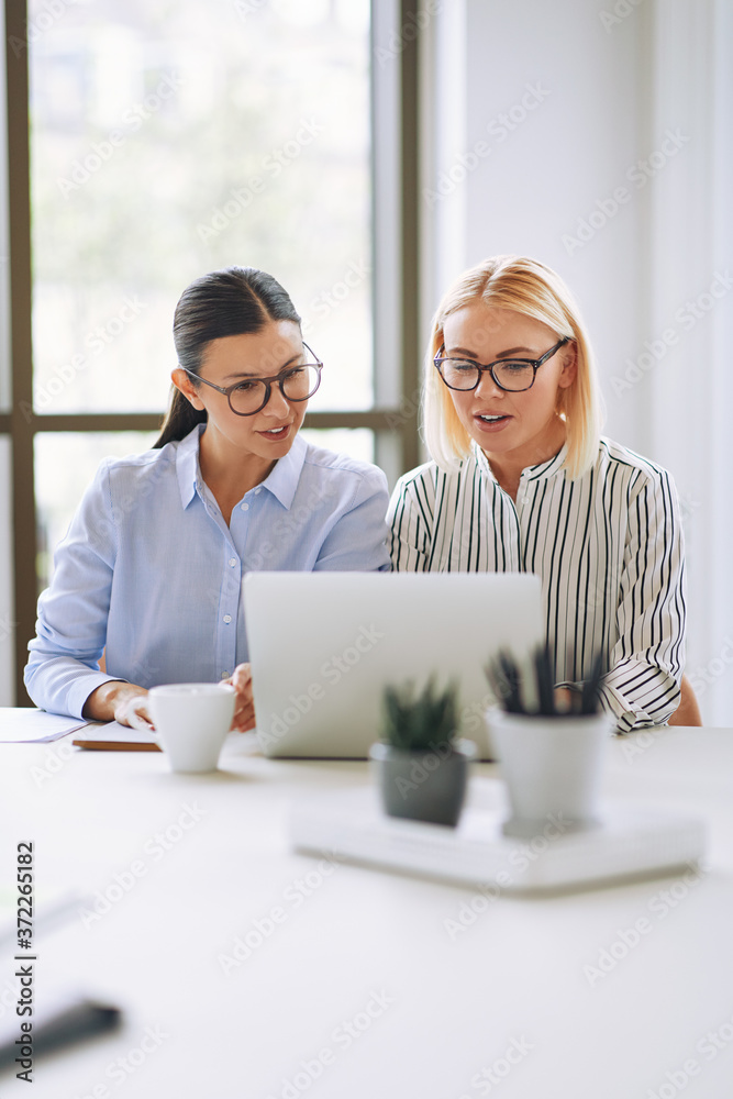 Two young businesswomen working on laptop in an office
