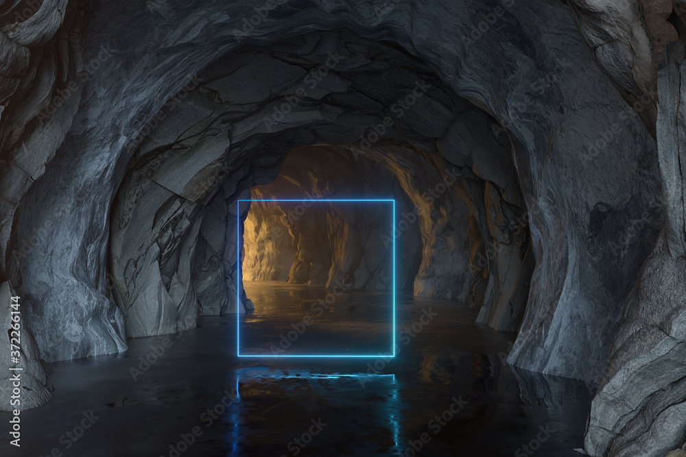 光线照亮的黑暗岩石隧道，3d渲染。