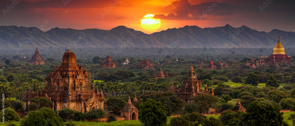 Ancient temple archeology in Bagan after sunset, Myanmar temples in the Bagan Archaeological Zone Pa