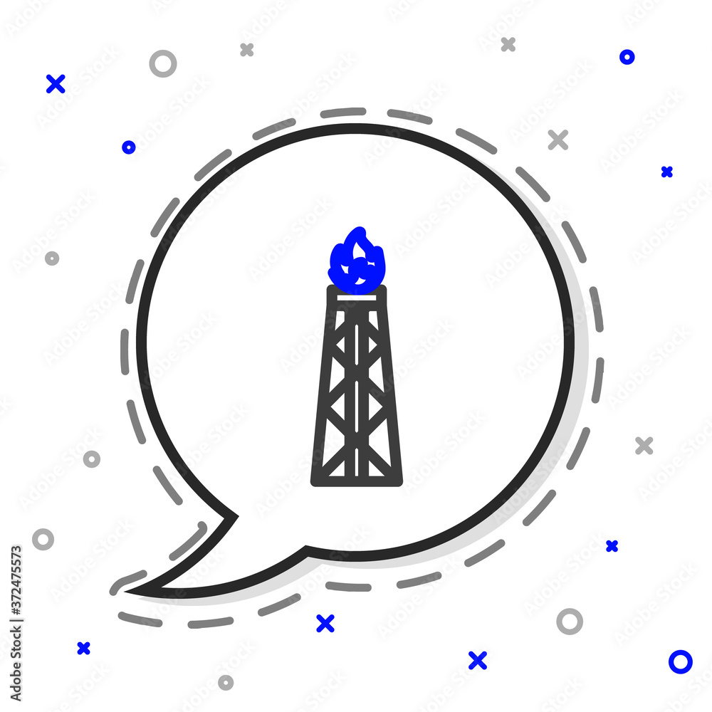Line Oil钻井平台，白色背景上隔离有消防图标。天然气塔。工业物体。色彩缤纷
