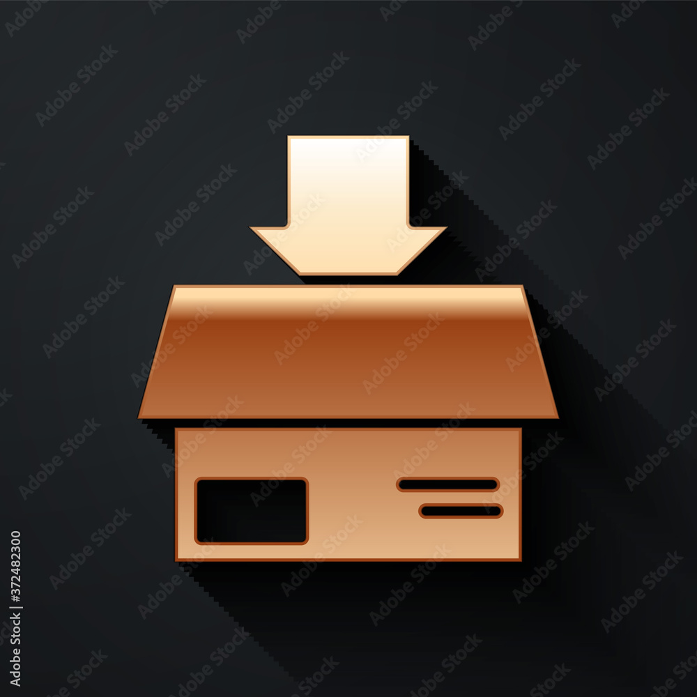 Gold Carton cardboard box icon isolated on black background. Box, package, parcel sign. Delivery and