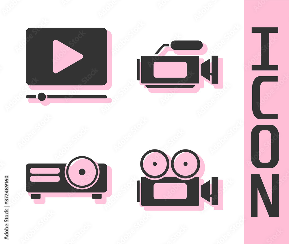 设置影院摄像机，在线播放视频，电影，电影，媒体投影仪和影院摄像机图标。矢量。