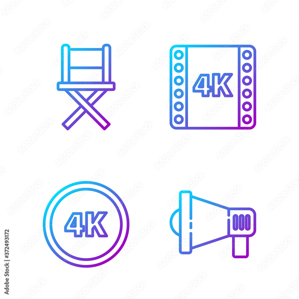 设置线扩音器、4k超高清、导演电影椅和4k电影、磁带、相框。渐变色图标
