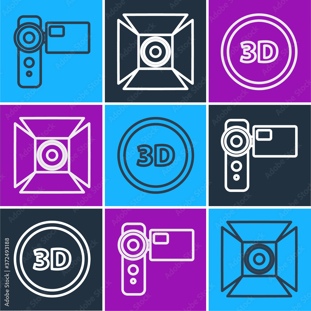 Set line Cinema camera, 3D word and Movie spotlight icon. Vector.