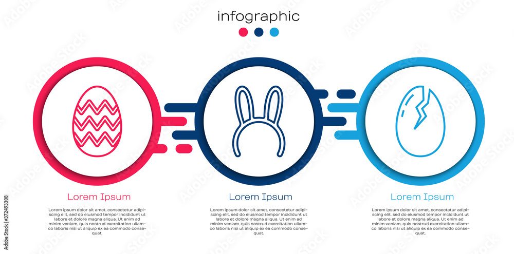 定线复活节彩蛋，长兔子耳朵面具和碎鸡蛋。商业信息图模板。矢量
