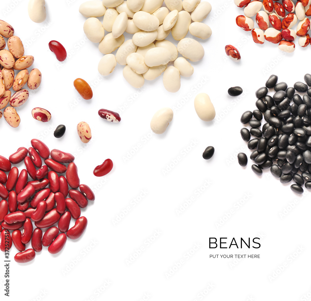 Creative layout made of of beans and legumes on the white background. Flat lay. Food concept.