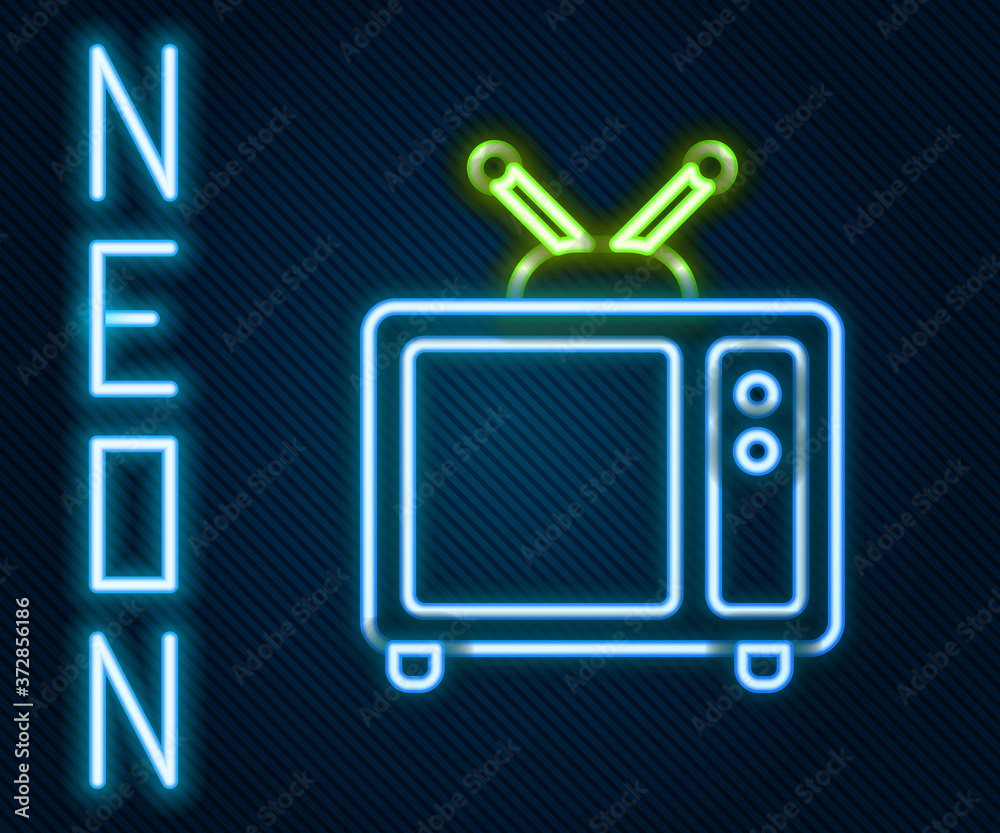 闪闪发光的霓虹灯线条复古电视图标，隔离在黑色背景上。电视标志。彩色轮廓conc