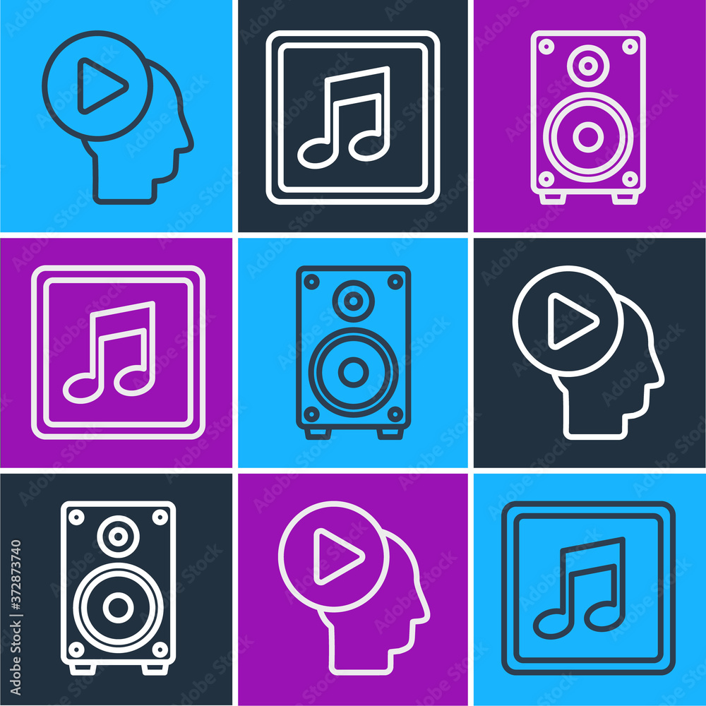 Set line Head people with play button，Stereo speaker and Music note，tone icon.Vector（设置线路头，带播放按钮、立体声