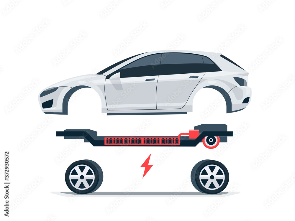 带车身车轮的现代电动汽车电池平台板方案。电动滑板车