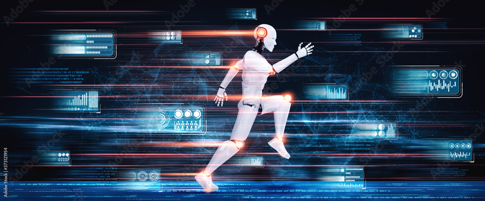 奔跑机器人人形机器人在未来创新发展的概念中展现出快速运动和活力