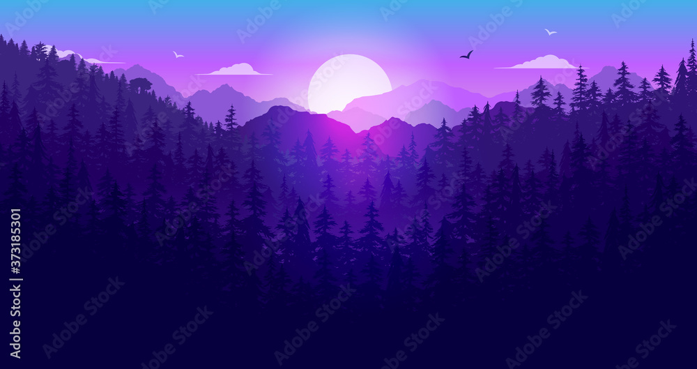 夜晚森林上的日落——黎明时的自然景观，树木、山脉、阳光和天空。
