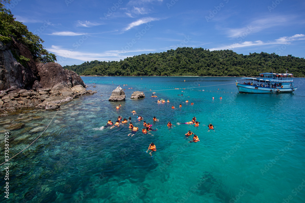 旅游团在热带清澈的海水中用清澈的蓝色海水在珊瑚礁上浮潜