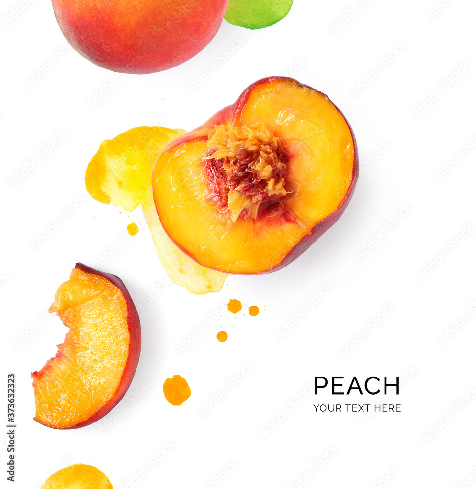 水彩背景上用桃做成的创意布局。平面布置。食物概念。