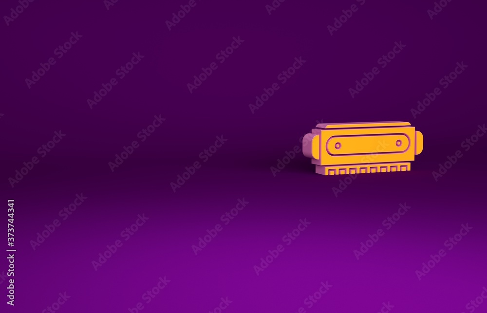 橙色口琴图标隔离在紫色背景上。乐器。极简主义概念。3d illu