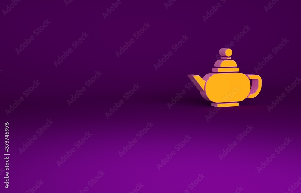 橙色中国传统茶道图标，紫色背景。带杯子的茶壶。简约