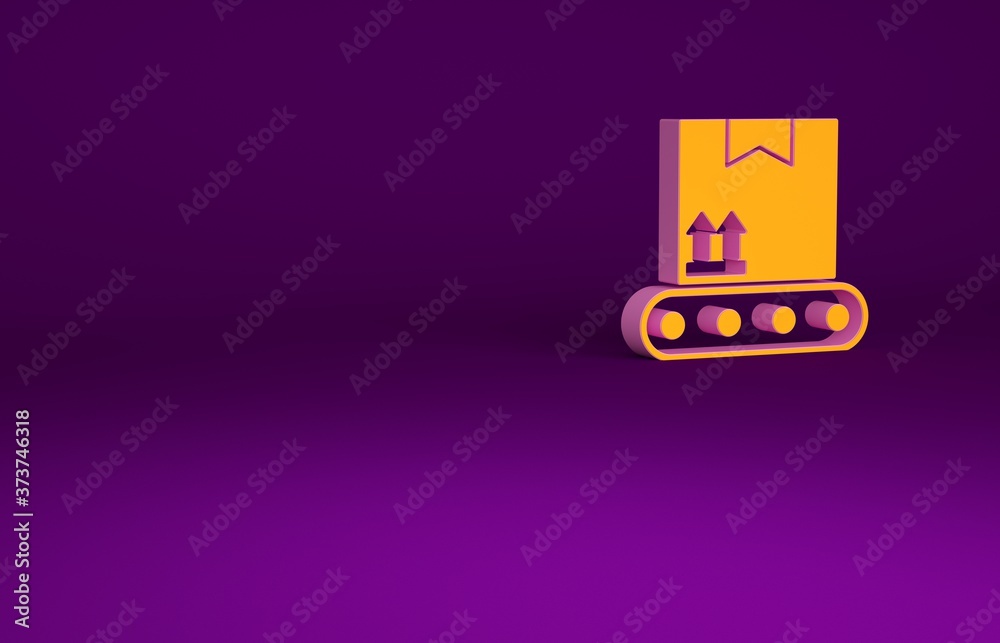 橙色传送带，紫色背景上有纸板箱图标。极简主义概念。3d i