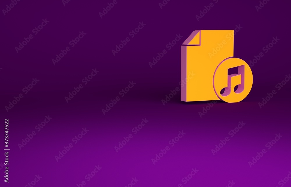 橙色音乐书，紫色背景上隔离了音符图标。带音符板的乐谱。Noteboo