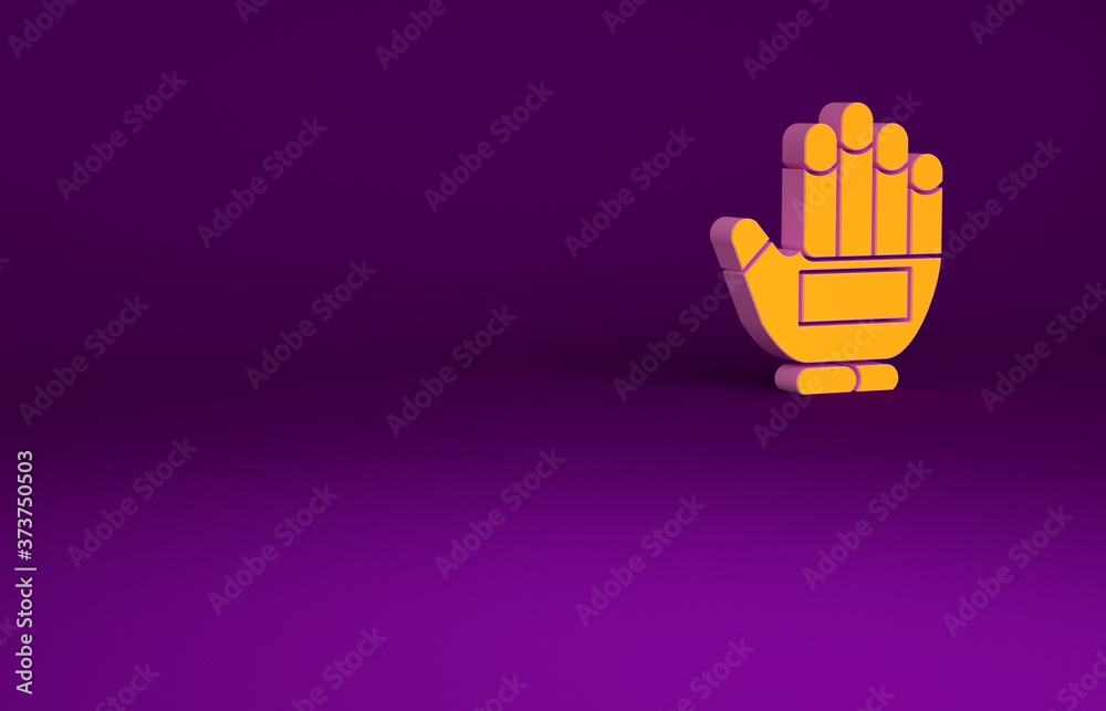 橙色冰球手套图标隔离在紫色背景上。运动和训练防护手套