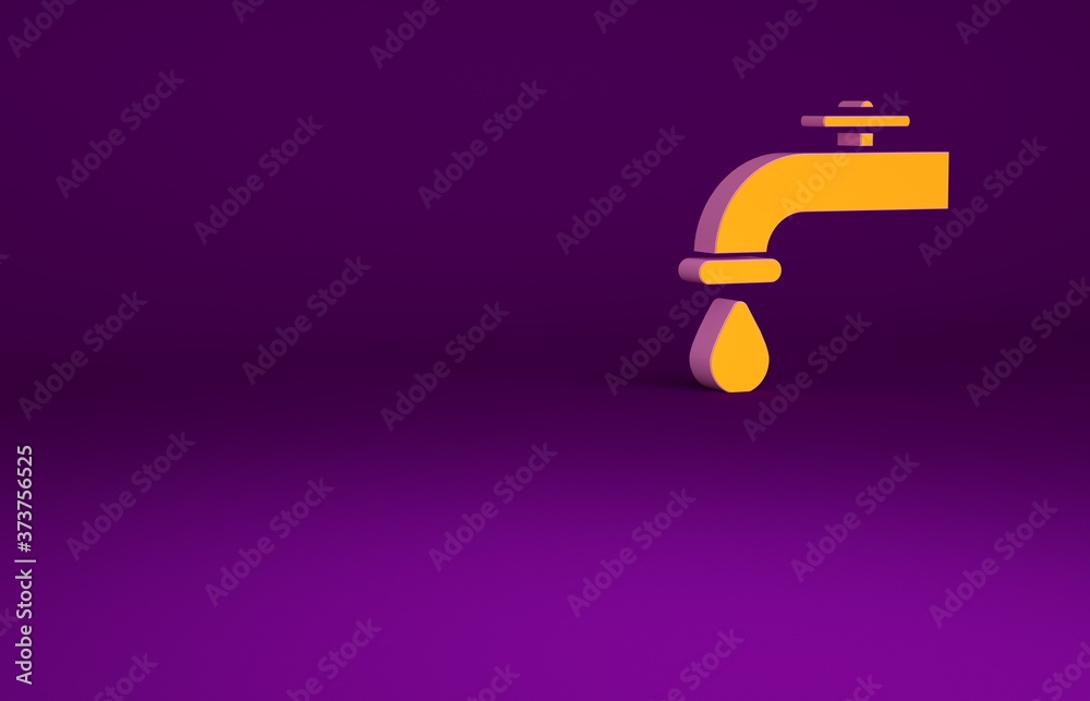 Orange Water tap with a falling water drop icon isolated on purple background. Minimalism concept. 3