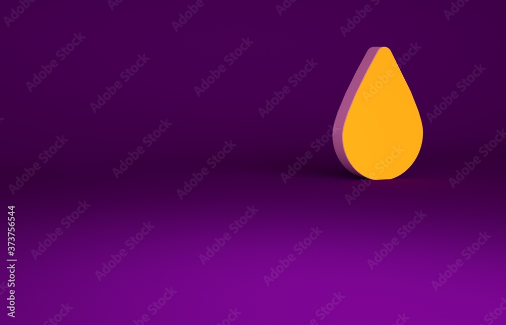 橙色水滴图标隔离在紫色背景上。极简主义概念。3d插图3d渲染。