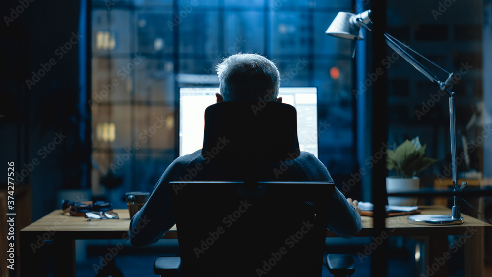 商人坐在桌子旁使用台式电脑的后视图。时尚的办公工作室
