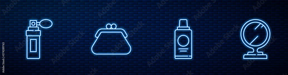 一瓶洗发水、香水、手包和圆形化妆镜。砖上闪闪发光的霓虹灯图标