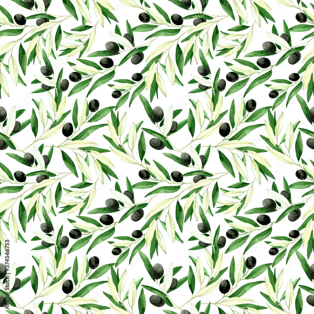 seamless watercolor pattern with olive leaves and fruits, realistic vintage drawing. black olives is