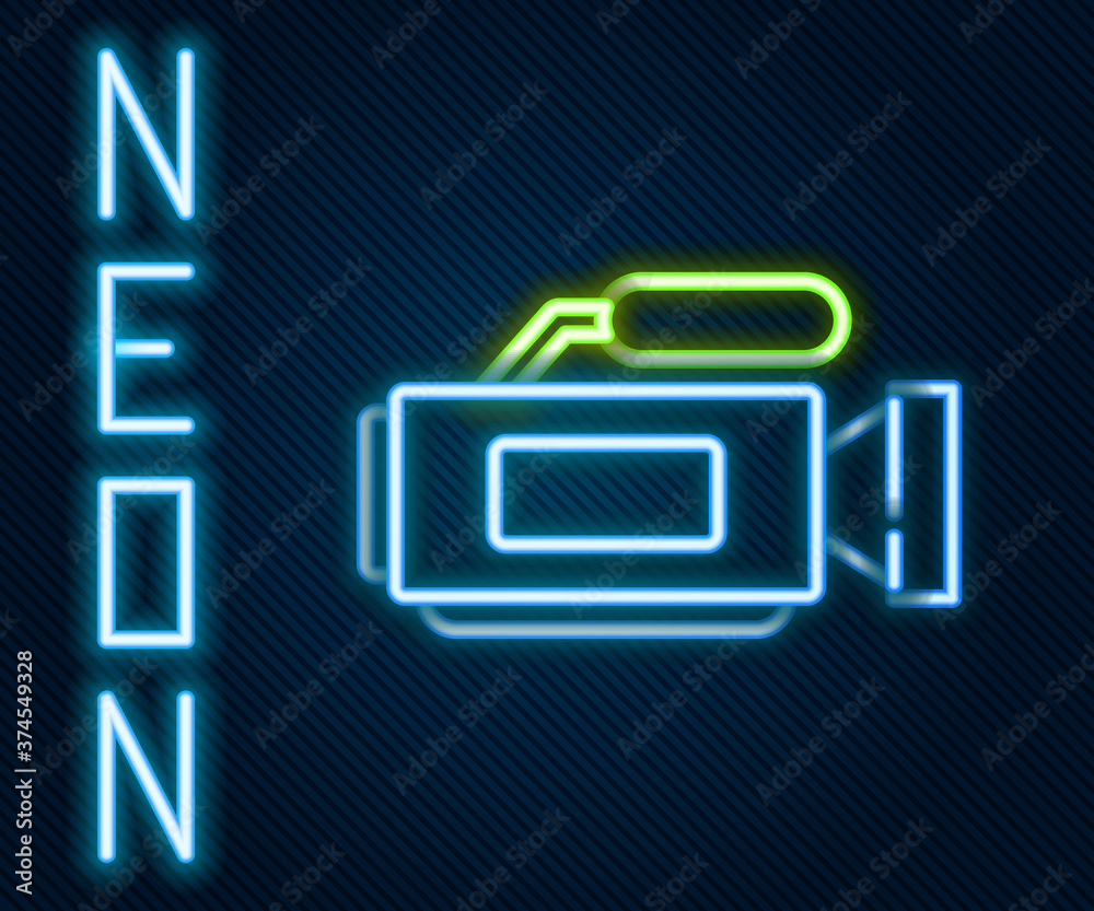 Glowing neon line Cinema camera icon isolated on black background. Video camera. Movie sign. Film pr