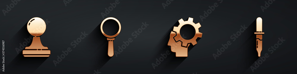 Set Stamp, Magnifying glass, Human head with gear inside and Pipette icon with long shadow. Vector.