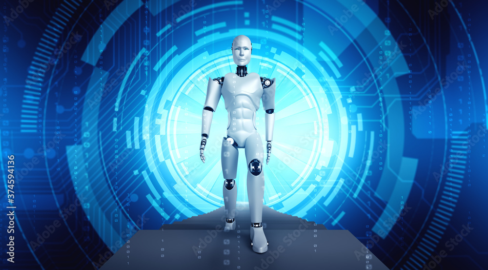 科幻幻想世界中的3D渲染机器人人形。人工智能思维大脑和机器学习的概念
