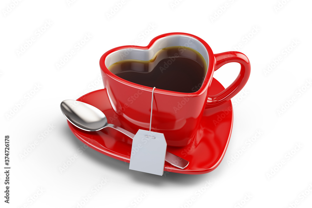 红心形状的茶杯，白色背景上隔离空白茶签。3d渲染