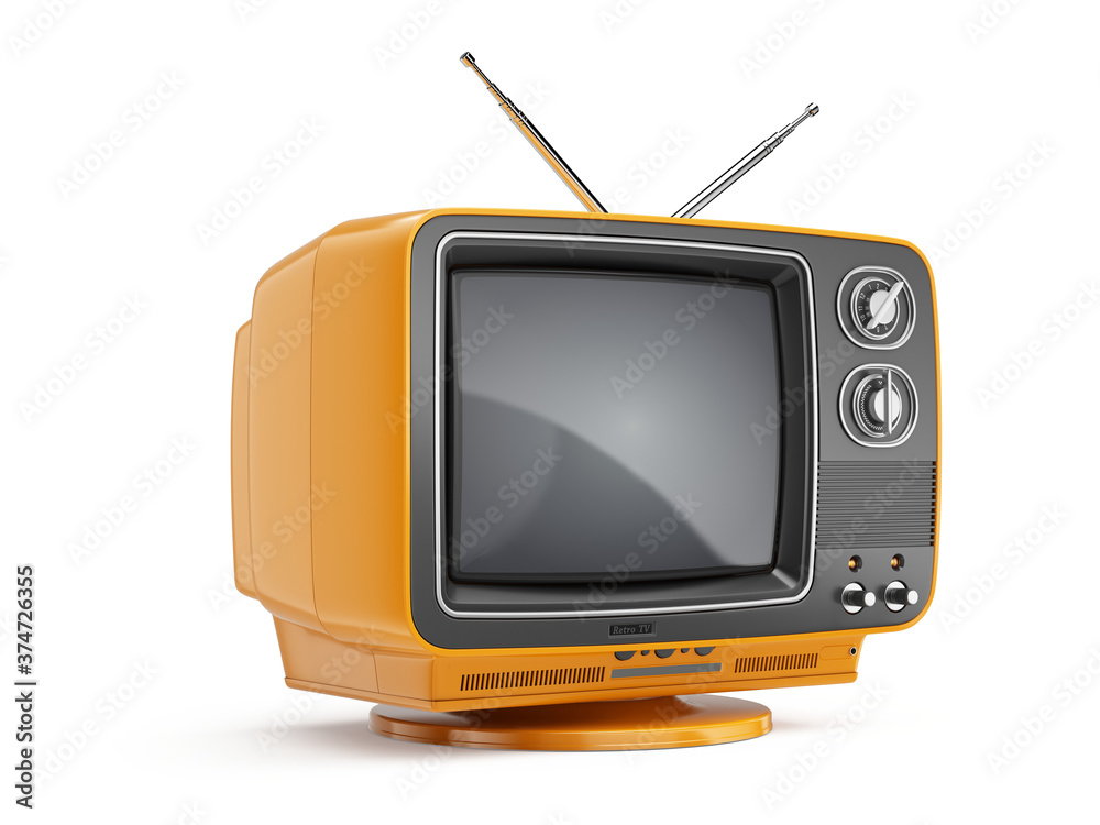 橙色复古红色电视接收器隔离在白色背景上。旧复古电视-广播流视频con