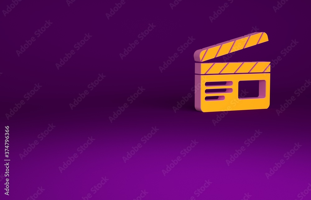 橙色电影拍手图标隔离在紫色背景上。电影拍手板。拍手板标志。电影
