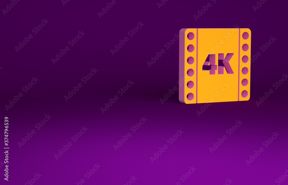 橙色4k电影，胶带，框架图标隔离在紫色背景上。极简主义概念。三维插图