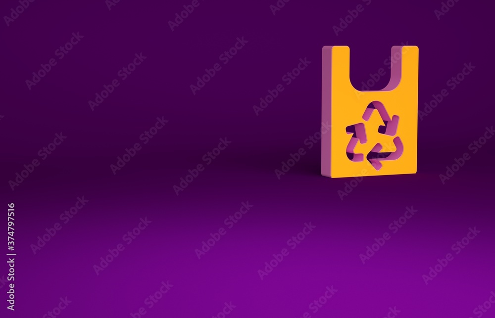 橙色塑料袋，紫色背景上有回收图标。带有回收符号的袋子。迷你