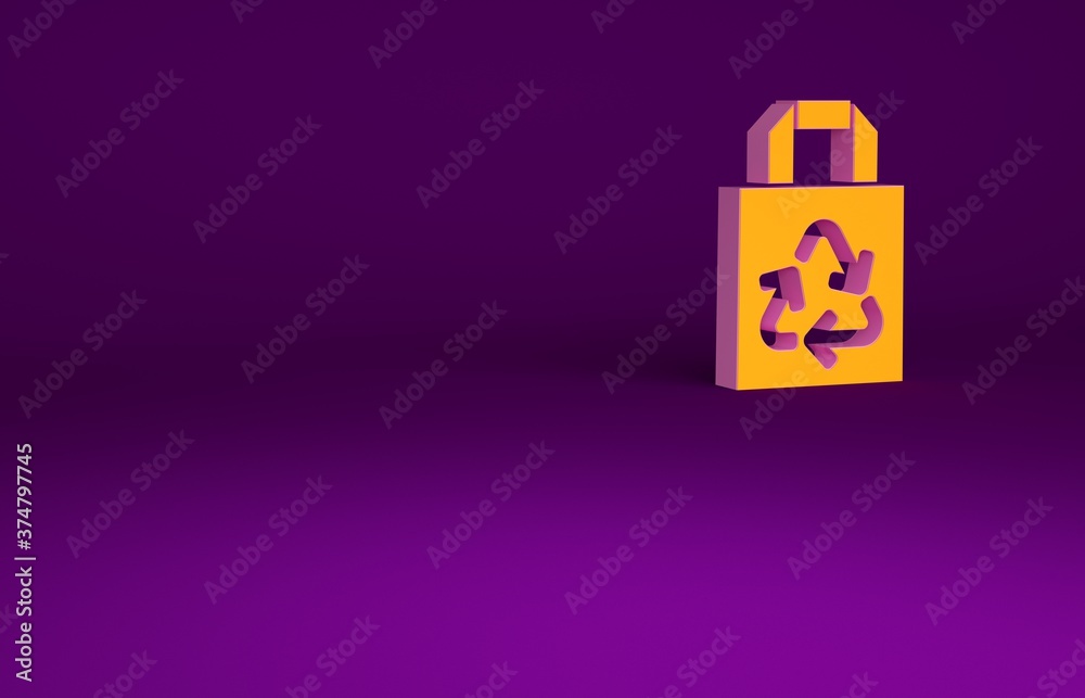橙色纸质购物袋，紫色背景上隔离回收图标。带有回收符号的袋子