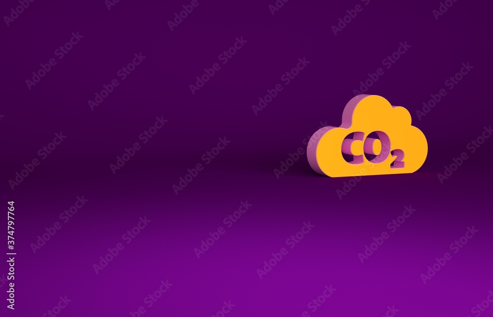 Orange CO2 emissions in cloud icon isolated on purple background. Carbon dioxide formula, smog pollu