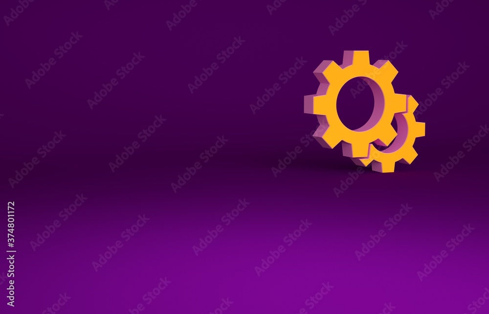 橙色齿轮图标隔离在紫色背景上。齿轮设置标志。齿轮符号。极简主义