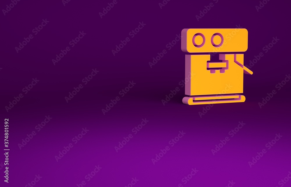 橙色咖啡机图标隔离在紫色背景上。极简主义概念。3d插图3d ren