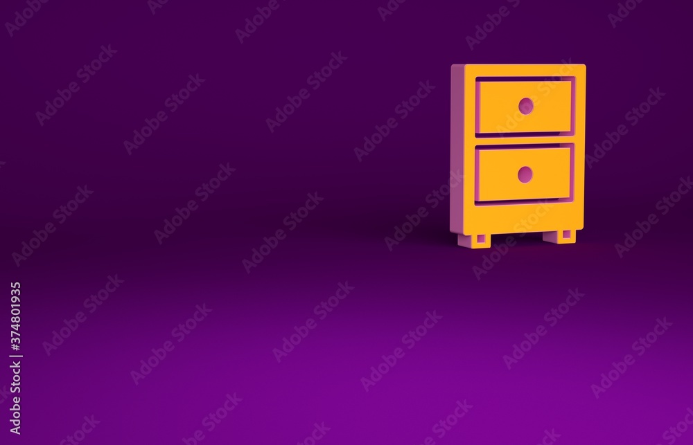 橙色抽屉，紫色背景上隔离有文档图标。存档文件抽屉。文件柜